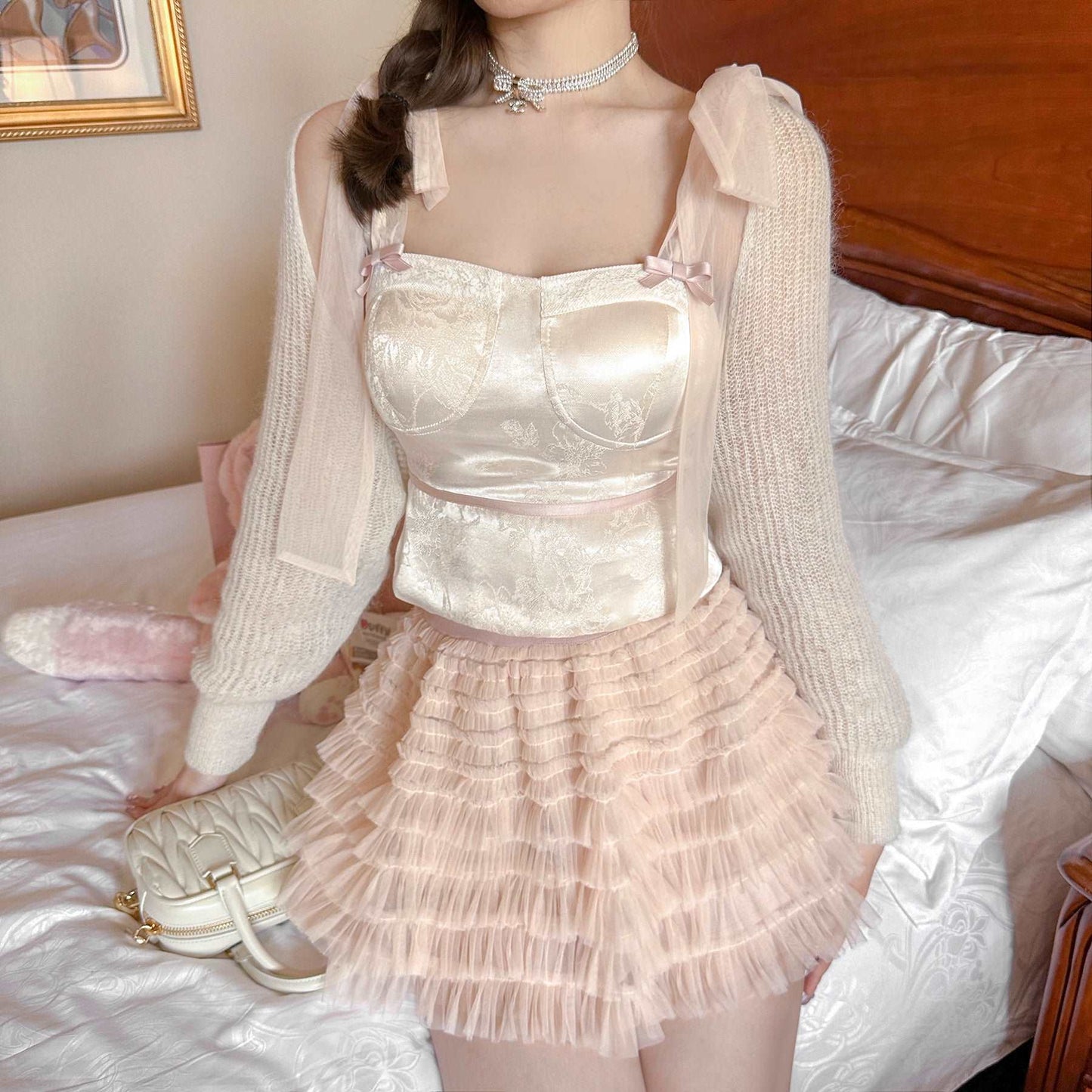 Creamy Sweet Coquette Vintage White Camisole Pink Frill Mini Skirt Pink Cardigan Three Piece Set