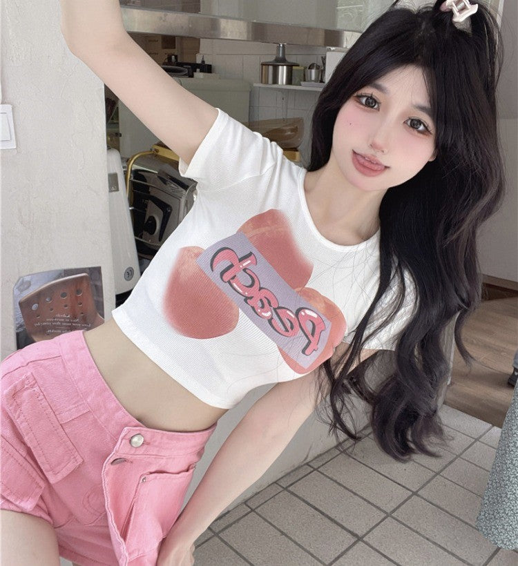 Sexy Girl White Pink Peaches High Waist T-shirt Top