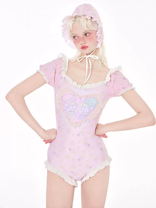 Masked Cat Gemini Twin Stars Pink Onepiece Swimsuit