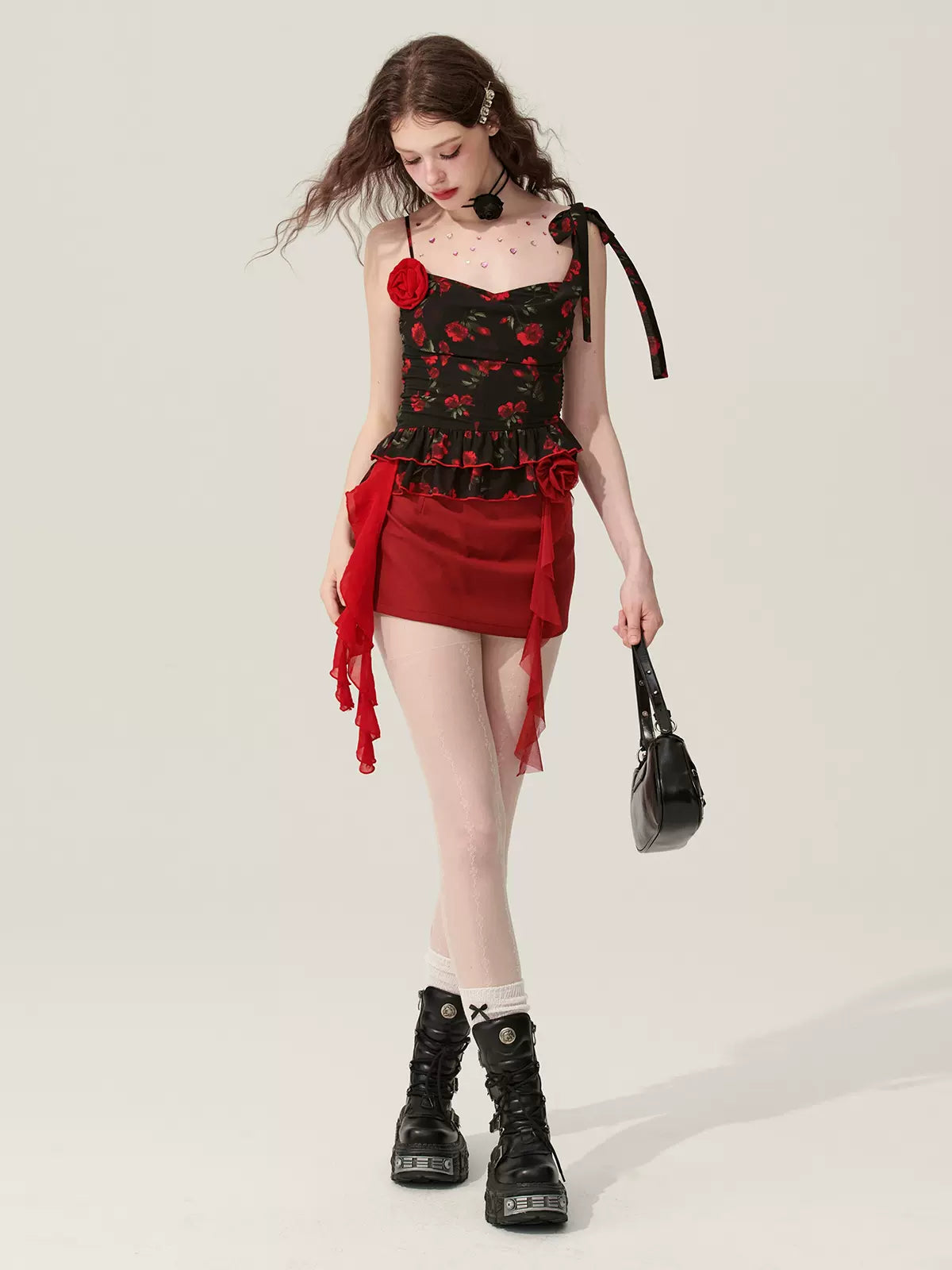 Young Eyes Blazing Rose Black Cami Top & Red Skirt Two Piece Set