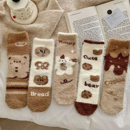 Cute Fuzzy Mink Velvet Winter Brown Biscuit Teddy Bear 5 Pairs Set