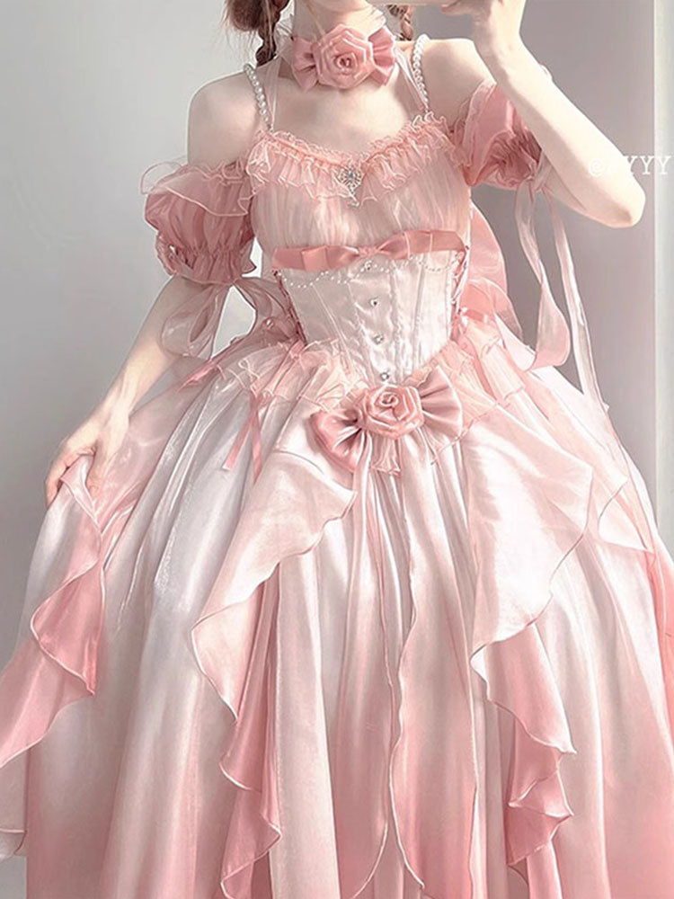 Rose Pearl Decorated Princess Ruffled Bow Layered Elegant Wedding Prom Evening Dress