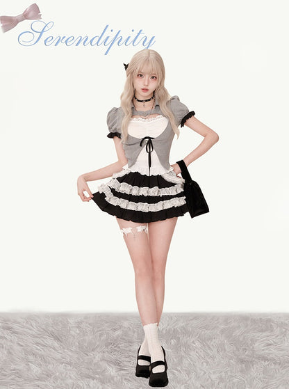 Serendipity Love Letter White Camisole & Gray Jacket & Black Skirt Three Piece Set