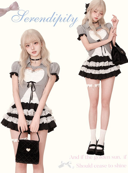 Serendipity Love Letter White Camisole & Gray Jacket & Black Skirt Three Piece Set