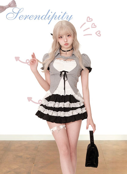 Serendipity Love Letter White Camisole & Gray Jacket & Black Skirt Three Piece Set