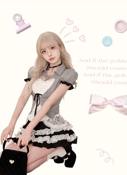 Serendipity Love Letter White Camisole & Gray Jacket & Black Skirt Three Piece Set