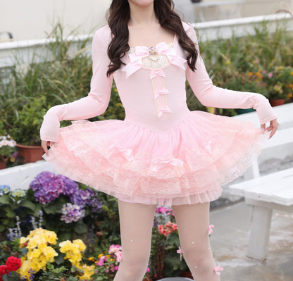 Sweetheart Princess Balletcore Pink Bow Lace Shirt Top & Skirt Two Piece Set