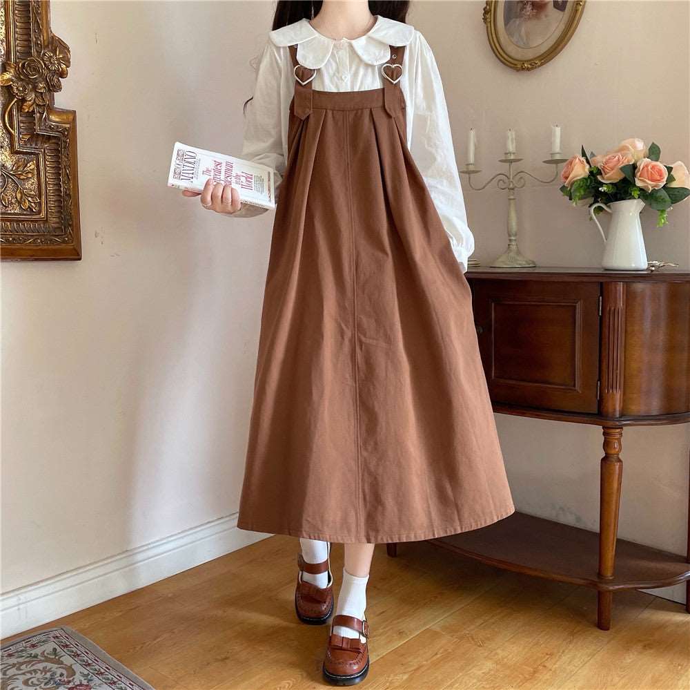 Autumn Mori Girl Heart Navy Blue Black Brown Green Dress Suspender Skirt & White Shirt Blouse Two Piece Set