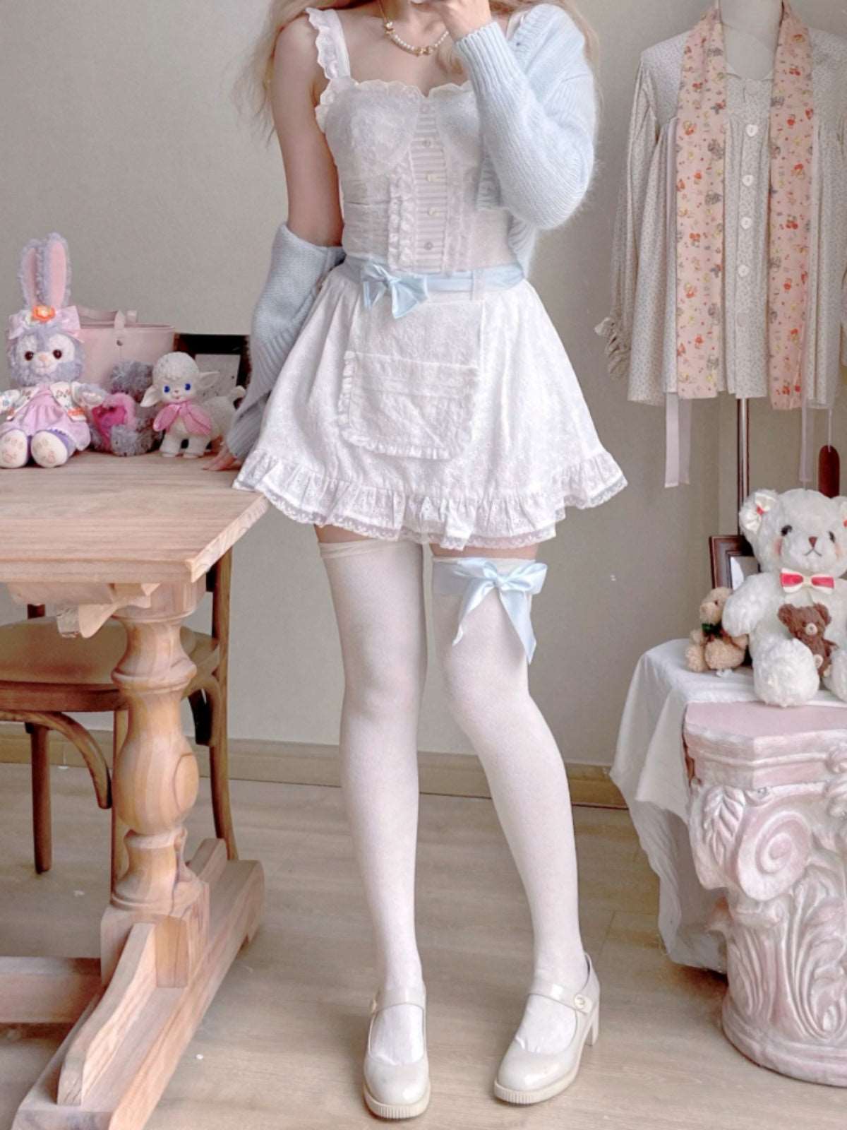 Creamy Sweet Blue Ribbon White Lace Camisole Top & Skirt & Cardigan Three Piece Set