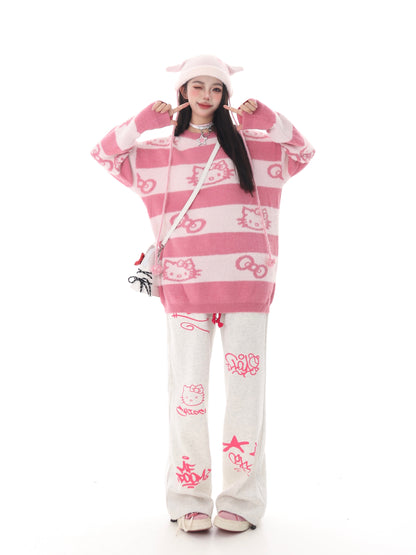 Kitty Cat Striped Pink Black Knit Y2K Pullover Sweater