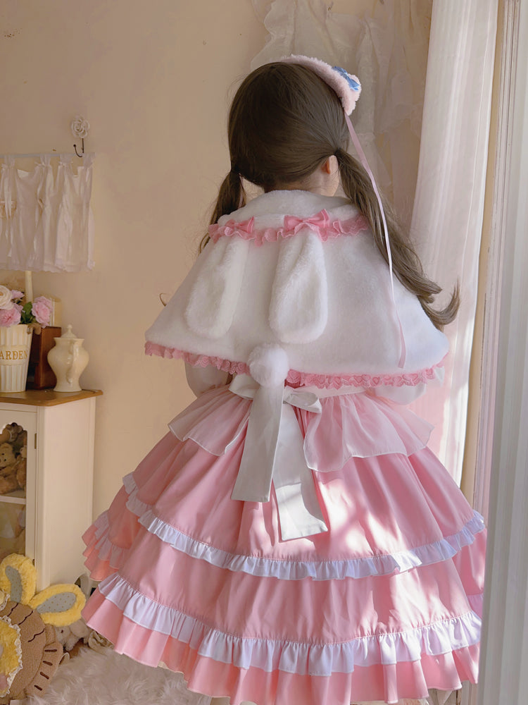 Lolita Cute Little Rabbit Ears Pink & White Winter Cape