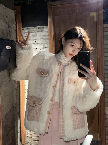 Winter Luxury Elegant Chic Plush White Tweed Pink Jacket