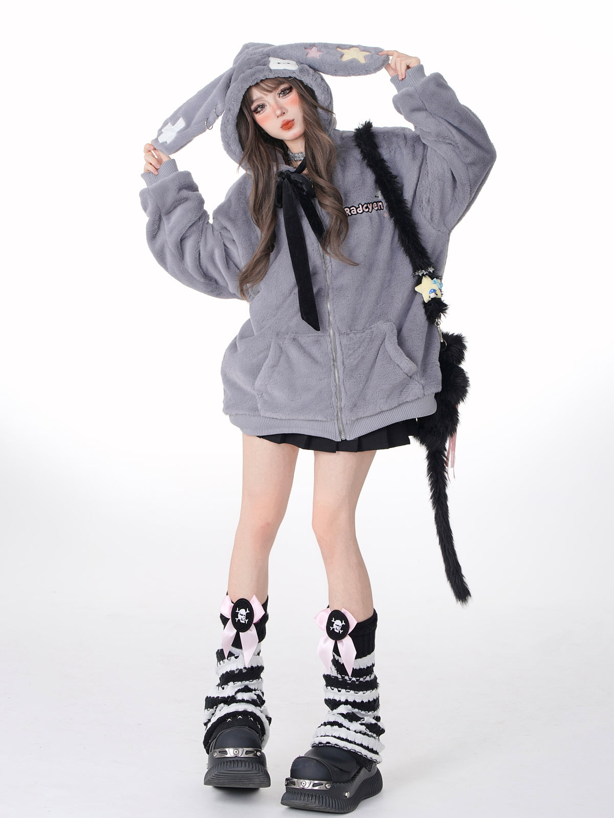 Young Eyes Black Gray Rabbit Ears Plush Autumn Winter Hoodie Jacket