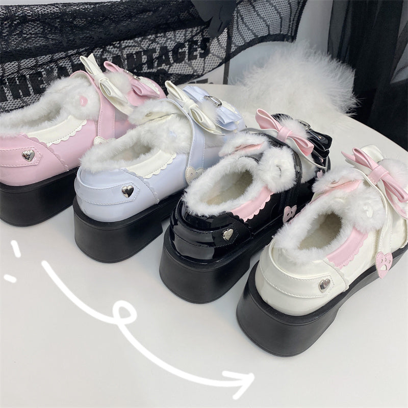 Winter Plush Lolita Bow Cat White Pink Blue Black Shoes