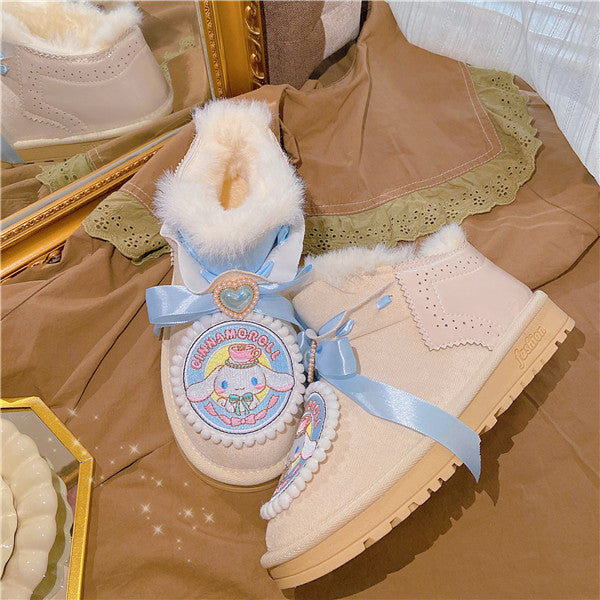 Pinky Coquette Cinnamon Dog Blue Bow Heart Winter Snow Cream Short Boots