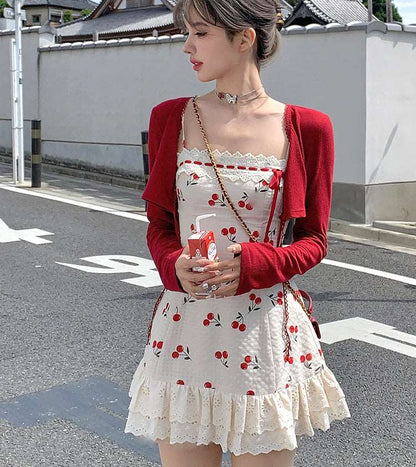 Acacia Summer Cherry Girl Beige Strap Dress & Red Cardigan Two Piece Set