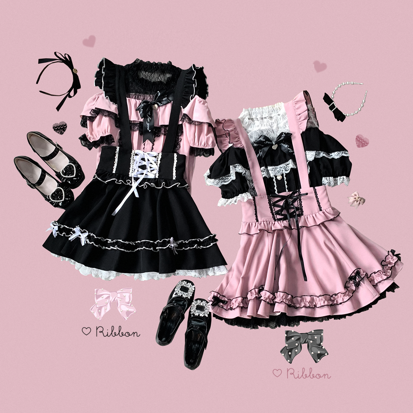 Kitten Bullet Jirai Kei Strappy Cake Lace Pink Black Blue Suspender Skirt