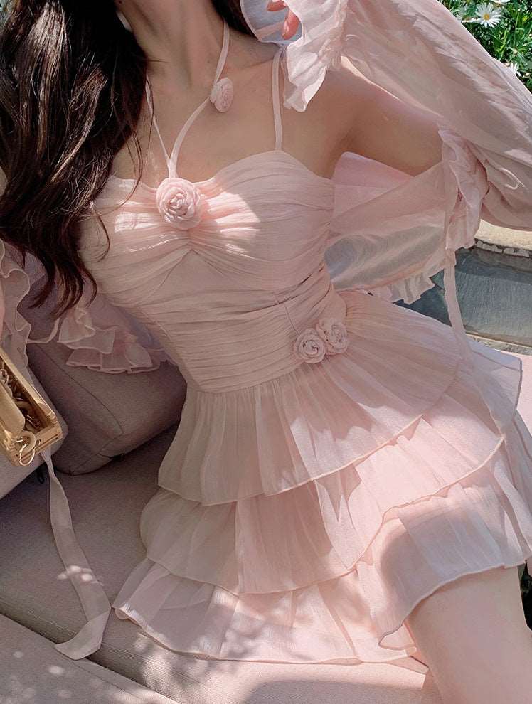 Acacia Fairy Pink Rose Summer Halter Neck Strap Dress