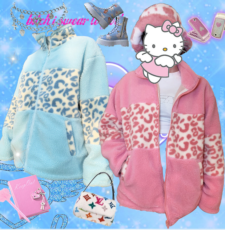 Retro Winter Plush Velvet Leopard Print Pink Blue White Jacket