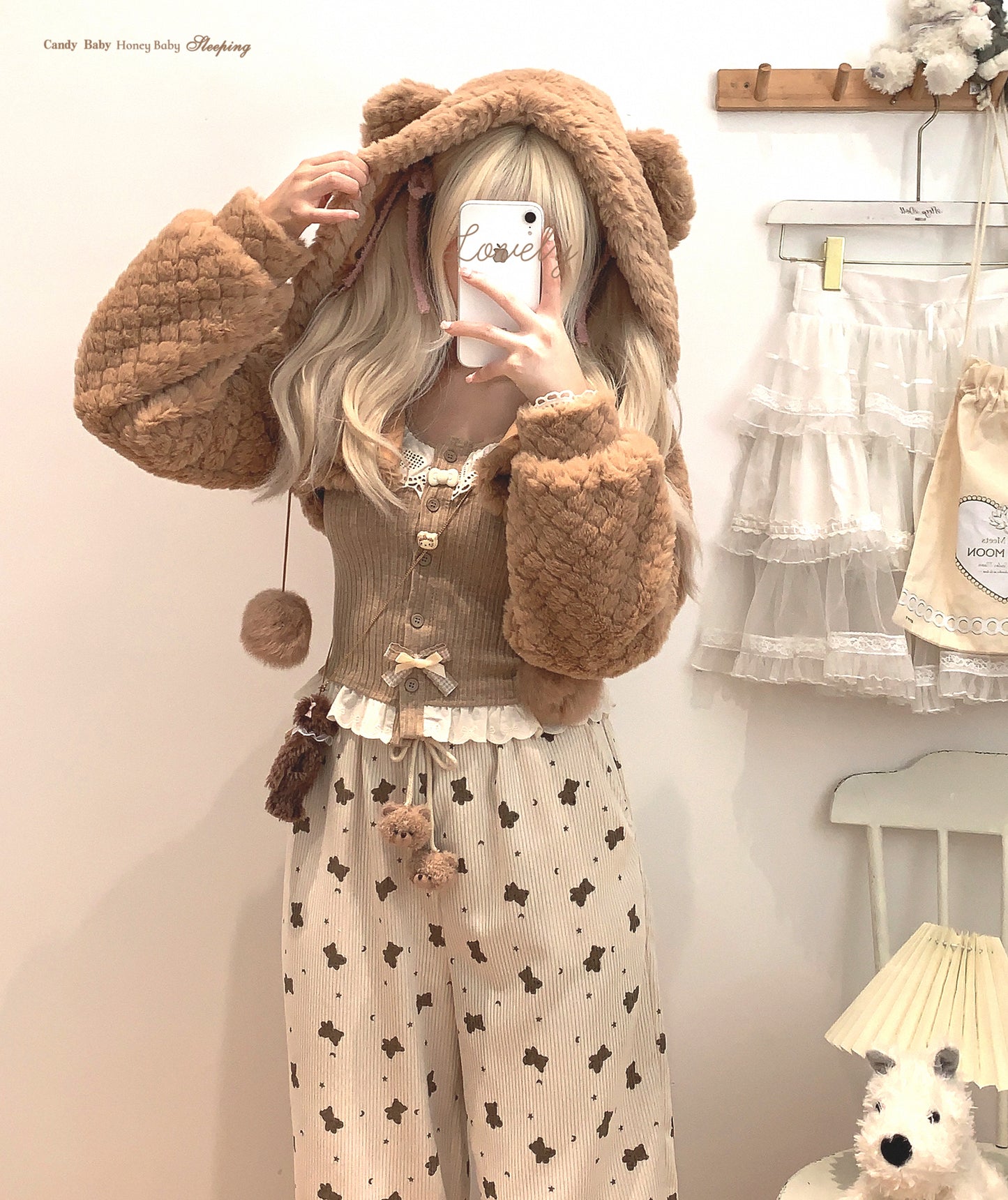 Dormir Doll Winter Pink Rabbit Ears & Brown Bear Ears Hoodie Short Jacket