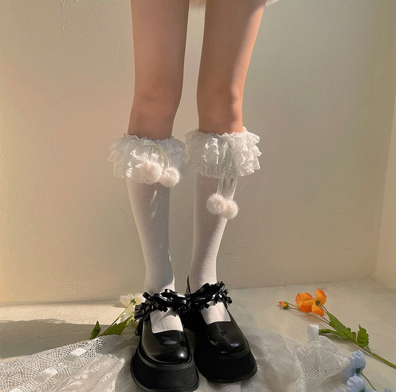 Noble Lolita Lace Pompom Balls White Black Red Christmas Mid Calf Socks