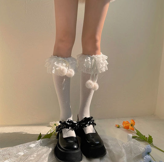 Noble Lolita Lace Pompom Balls White Black Red Christmas Mid Calf Socks