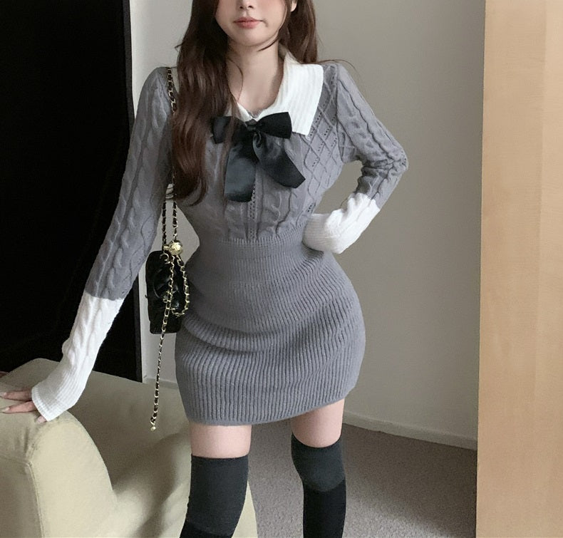 Polo Collar Bow Slim Fit Long Sleeve Knit Short Dress