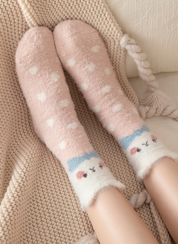 Faux Mink Velvet Cute Rabbit Pastel Winter Socks 5 Patterns Pairs Sets