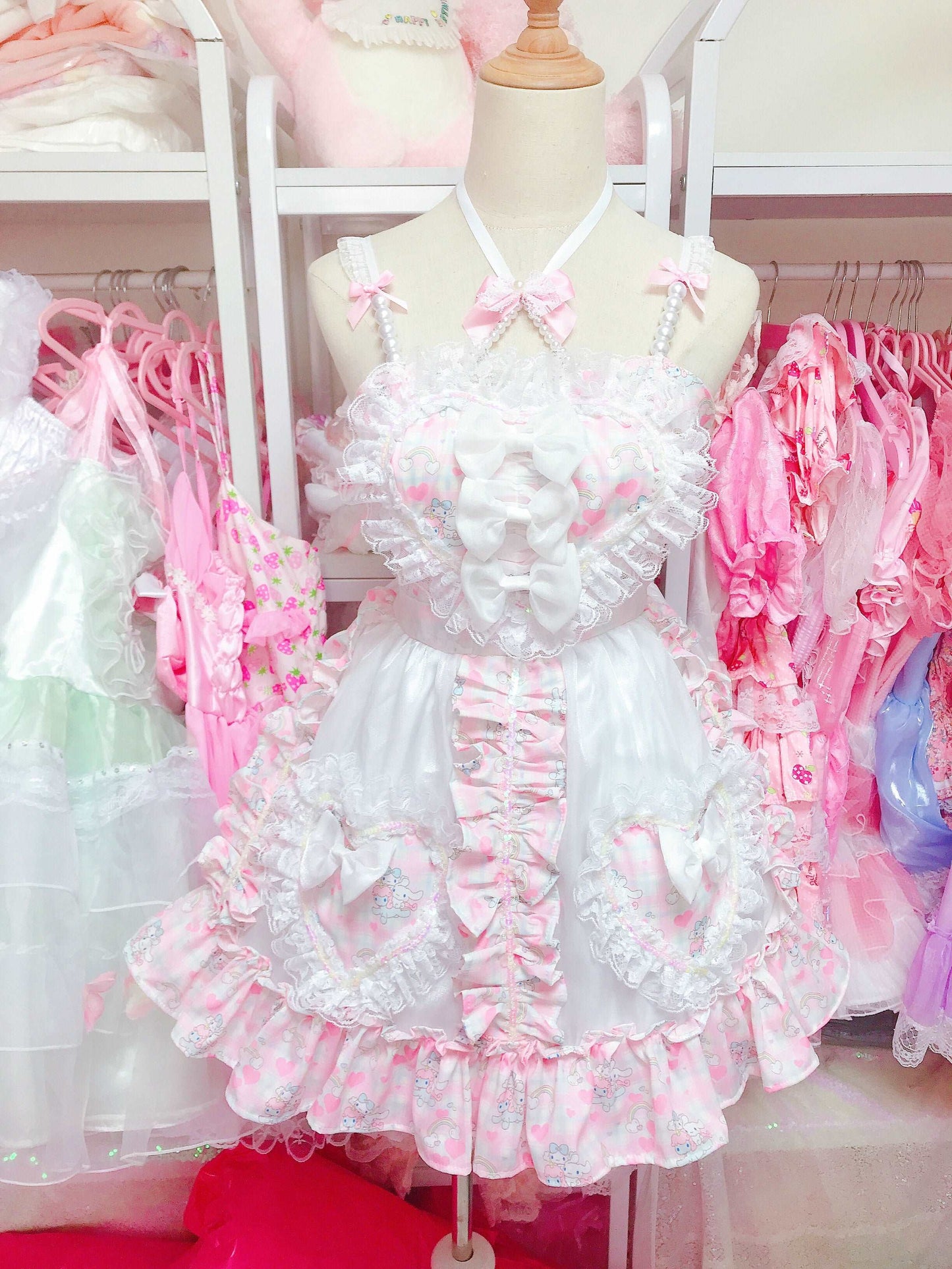 Candy Fairy Cinnamon Dog Pink White Frill Lace Maid Strap Dress