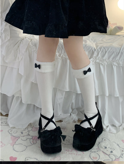 Lolita Cute Bow Fur Edge Black White Pink Mid Calf Socks