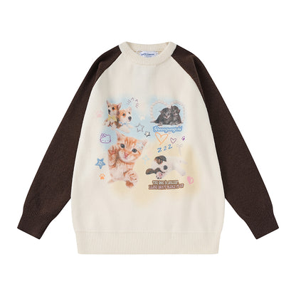 Serendipity Cute Animals Cats Dogs Raglan Pink Blue Black Knit Sweater Shirt