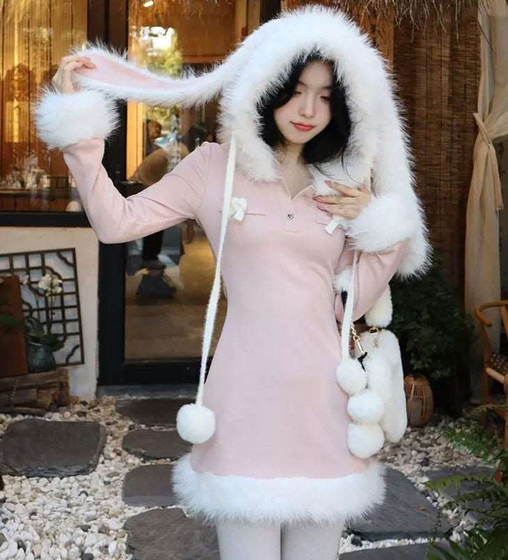 Blue Angel Sweet Rabbit Ears Hooded Fur Edge Pink Knit Dress