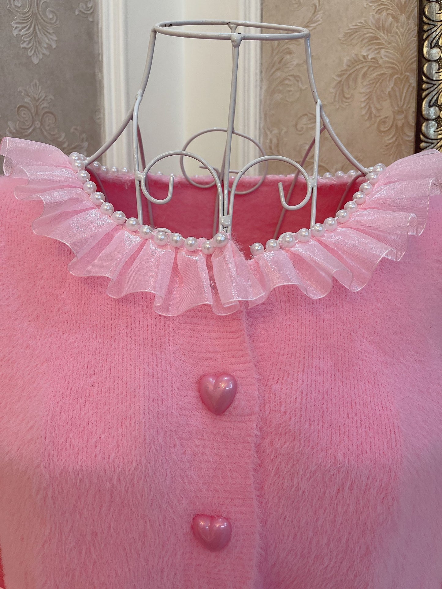 Sweetheart Princess Pink Melody Heart Buttons Plush Knit Sweater Cardigan