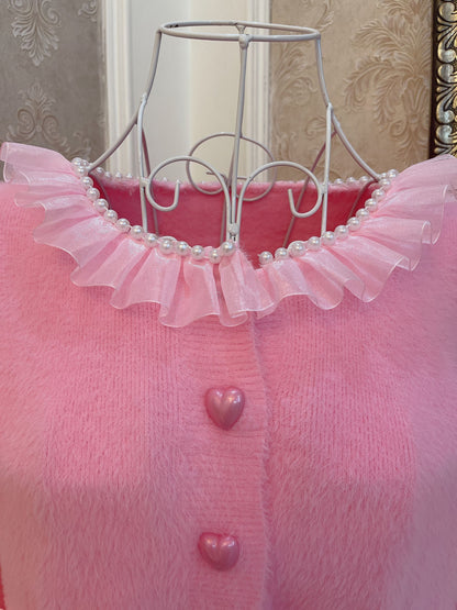 Sweetheart Princess Pink Melody Heart Buttons Plush Knit Sweater Cardigan