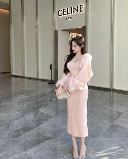 Fall Rose Light Pink Bodycon Strap Long Dress & Fur Jacket Chic Two Piece Set