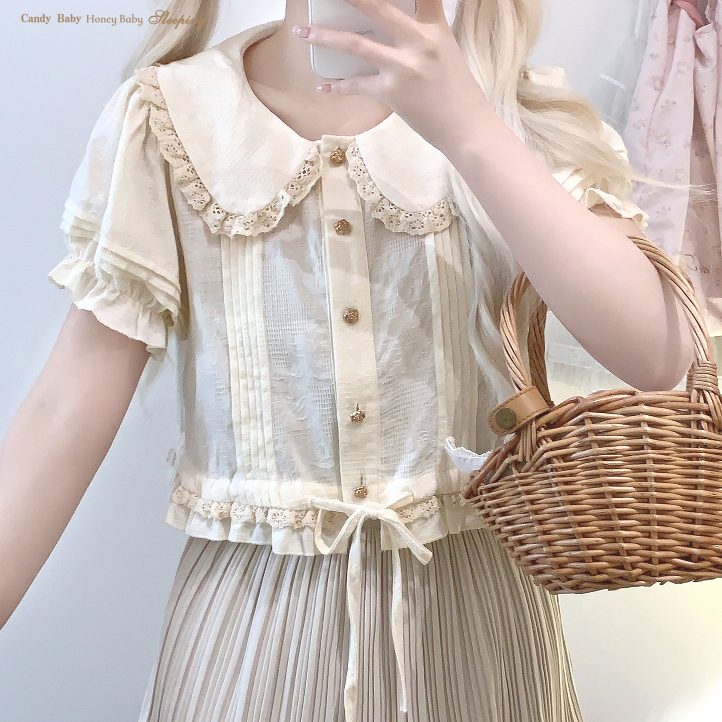 Dormir Doll Vintage Doll Lace Short Sleeve Cream White Shirt Blouse Top