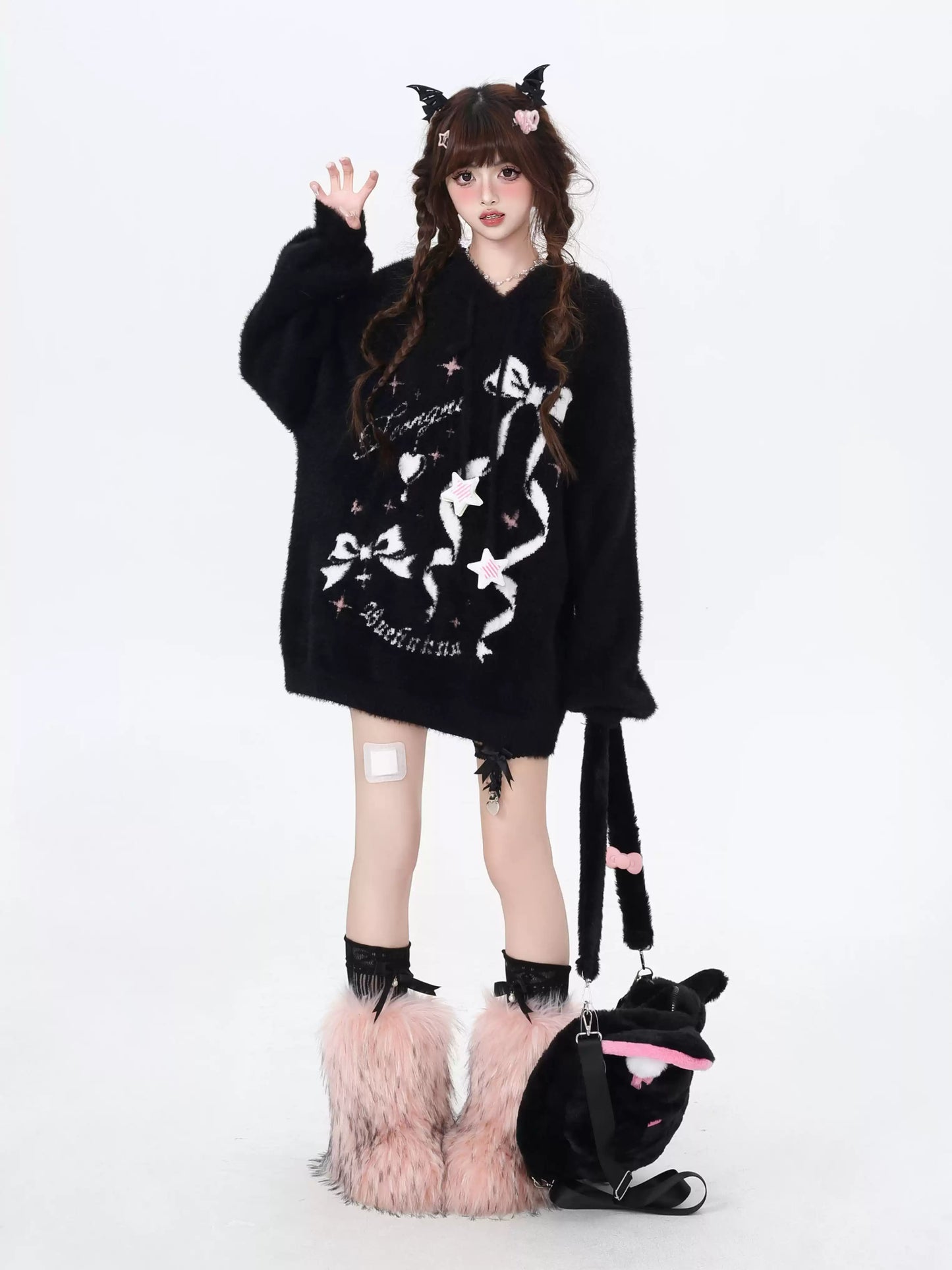 Crazy Girl Sticky Bow Black Pink Fuzzy Sweater Hoodie