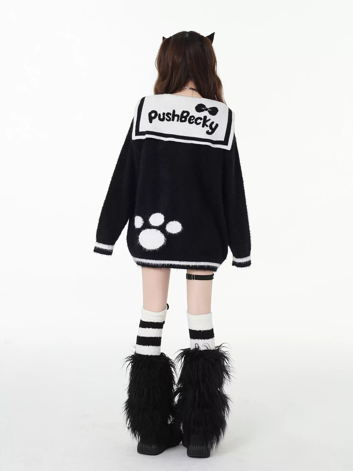 Crazy Girl Cat Diary Pink Black Knit Sweater Cardigan