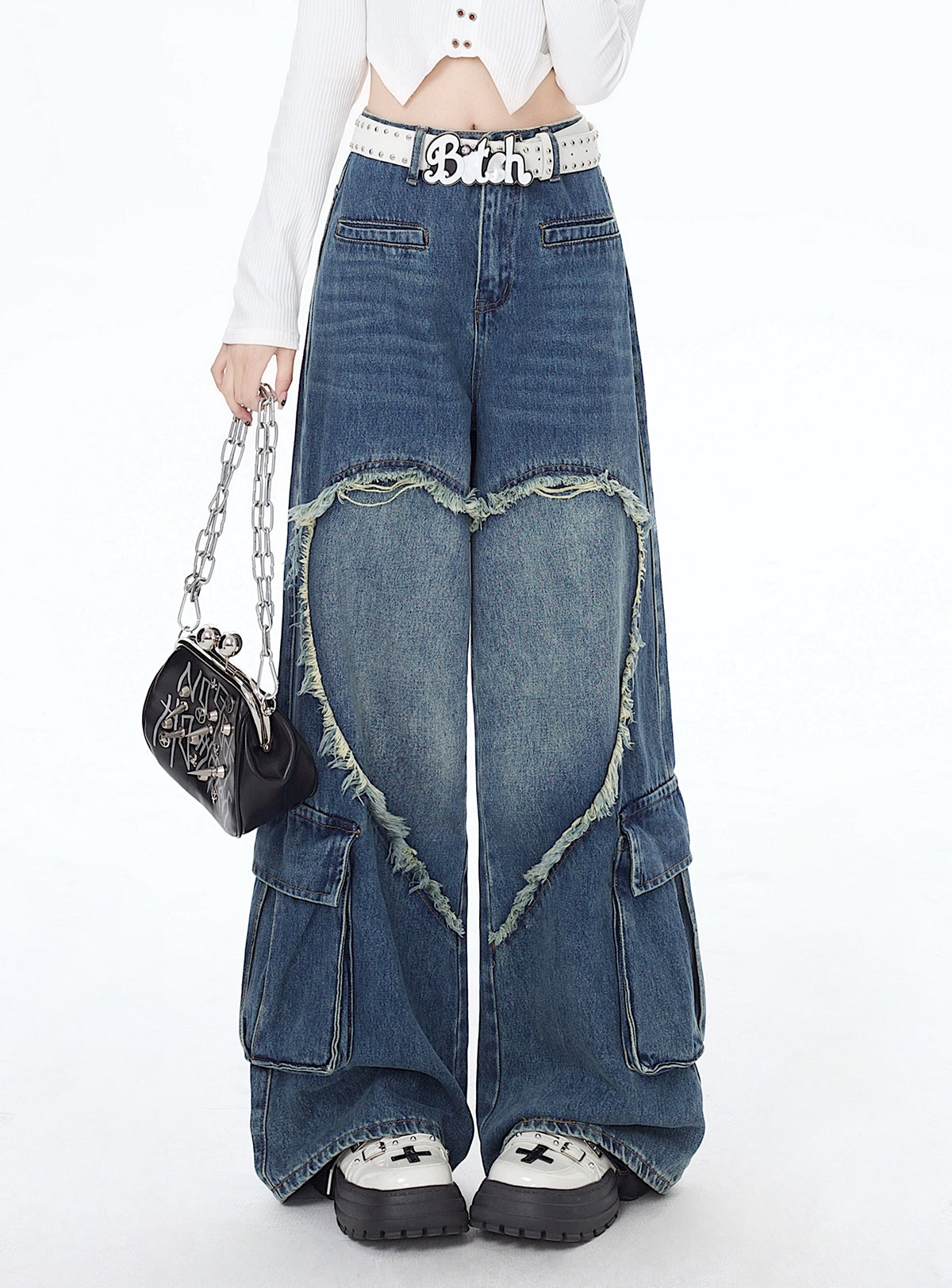 Crazy Girl Y2K Heart Blue Black Wide Leg Denim Jeans