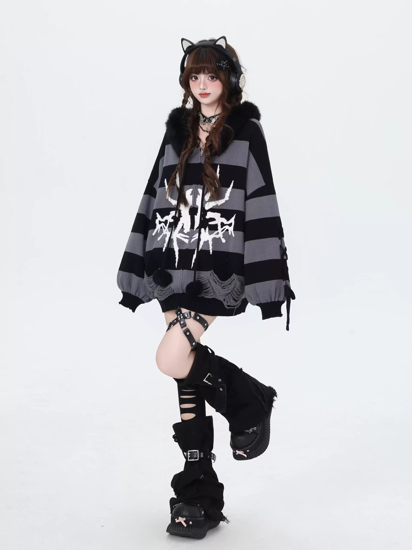 Crazy Girl Spider Punk Striped Gray Black White Purple Red Fur Jacket Hoodie