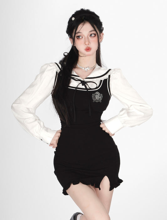 Young Eyes First Love Diary White Sailor Collar Shirt & Black Suspender Dress Two Piece Set