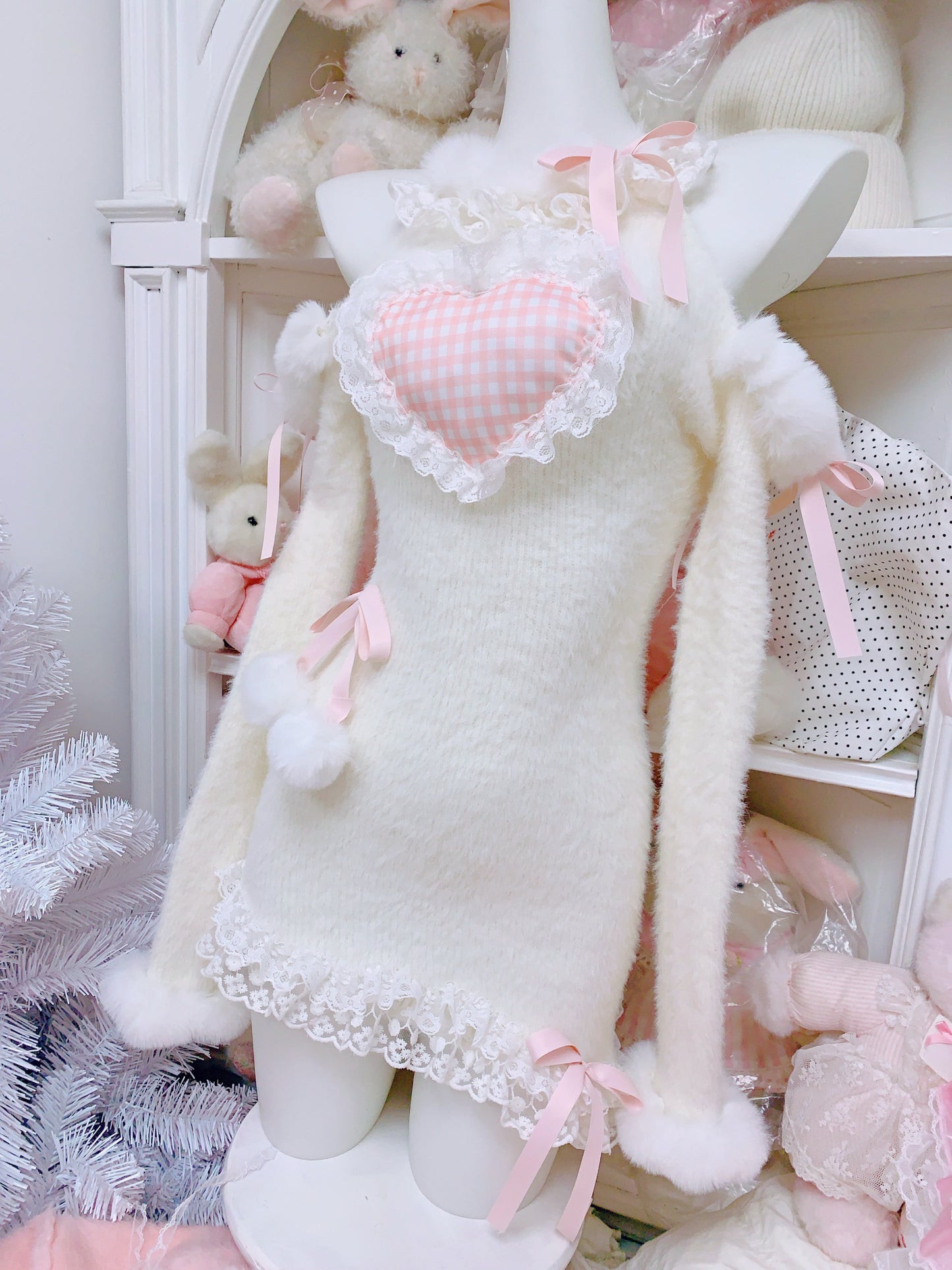 Candy Fairy Plaid Pink Heart Bodycon Fuzzy Dress