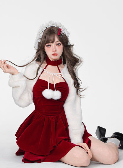 Young Eyes Winter Elf Princess Red Velvet Halter Neck Dress & Little White Jacket Two Piece Set