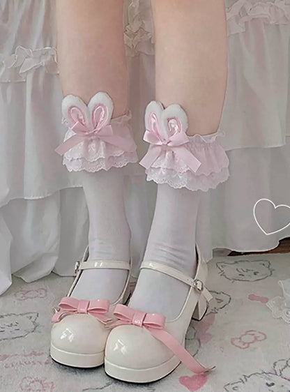 Lolita Cute Summer Rabbit Ears Black White Pink Blue Socks