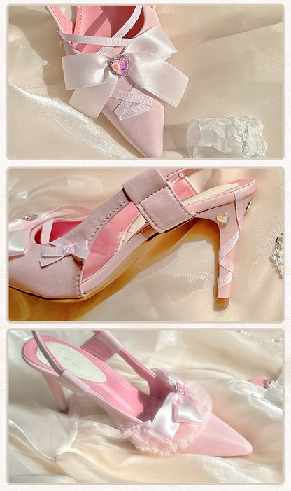 Pinky Heart Pendant Bow Fur Pink Princess Pointed Toe High Heels Sandals Shoes