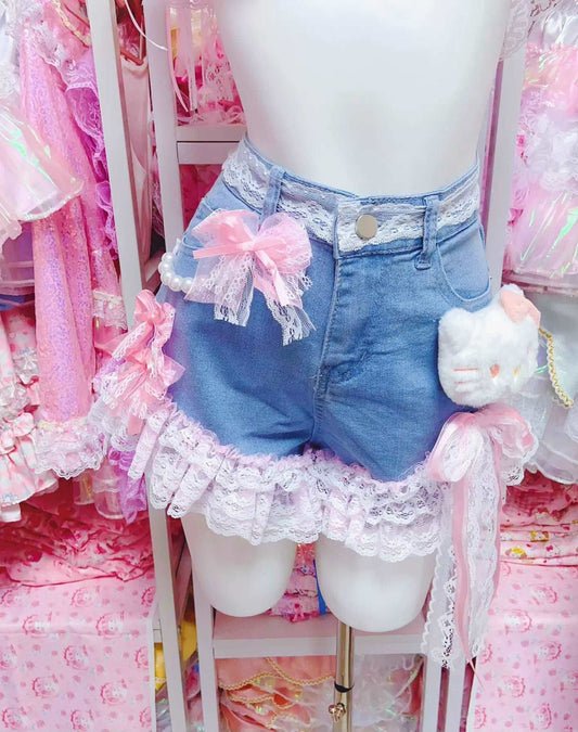 Candy Fairy Coquette Kitty Cat Blue Denim Lace Shorts