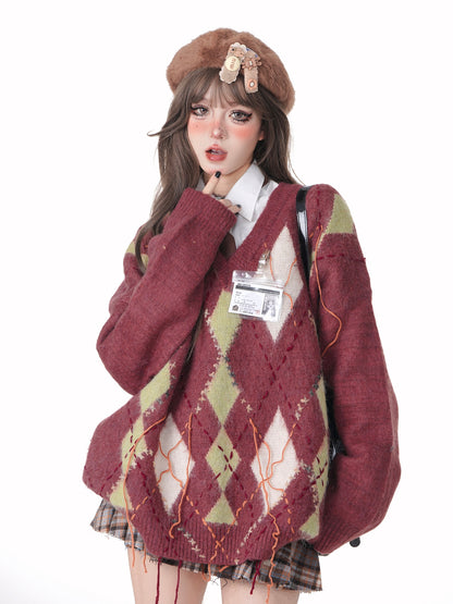 Young Eyes Autumn Winter Argyle Pink Brown Fuzzy Sweater