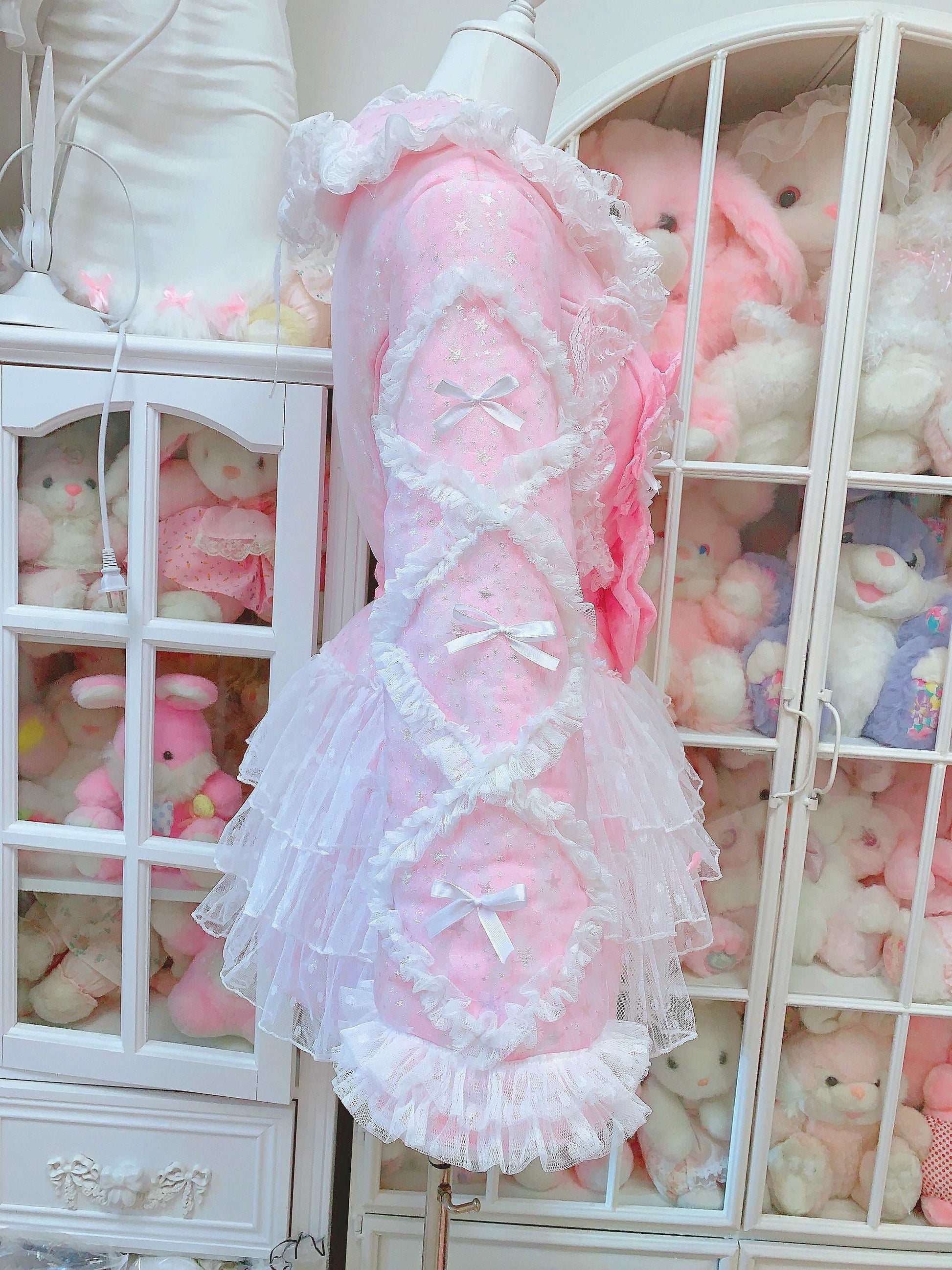 Candy Fairy Sparkling Pink Princess Bow Ruffled Thick Winter Coat Dress