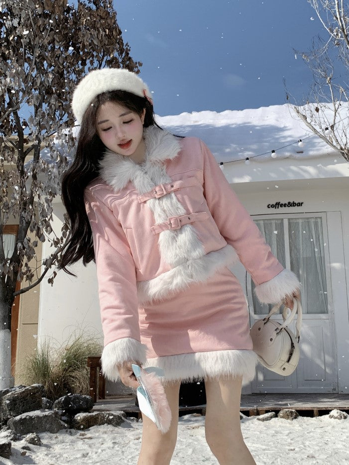 Winter Pink Sweet Girl Suede Fur Jacket & Skirt Two Piece Set