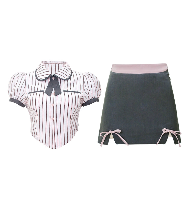 Serendipity College Girl Style Striped Pink Gray Shirt & Bow Mini Skirt Two Piece Set